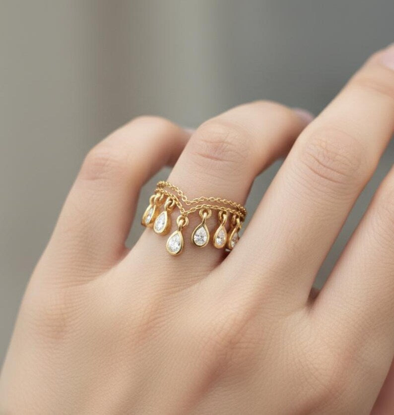 Pear Diamond Double Chain Band Ring, 14k Gold Chevron Teardrop Dangling Drop Ring  DEVIKAGEMS