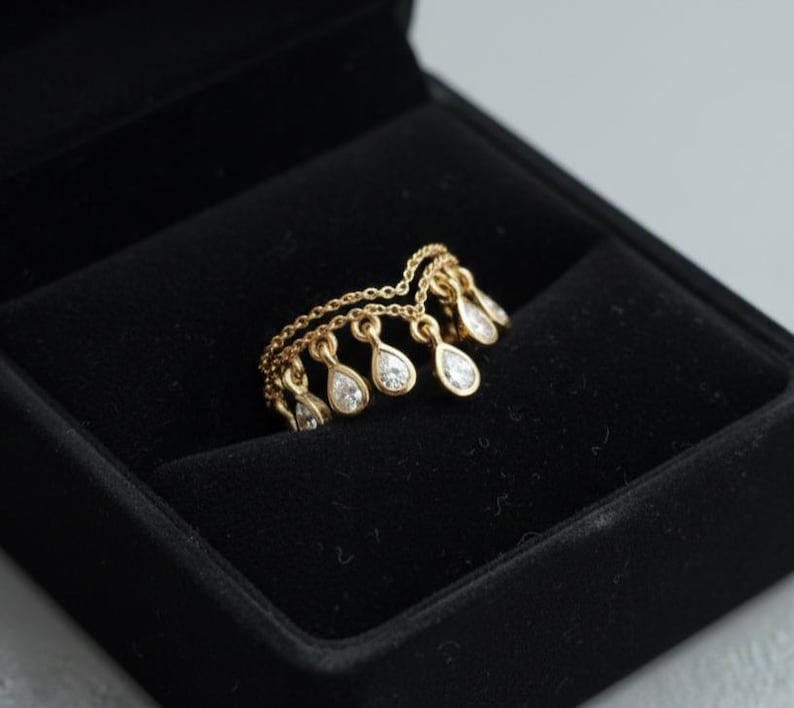 Pear Diamond Double Chain Band Ring, 14k Gold Chevron Teardrop Dangling Drop Ring -JEWELS