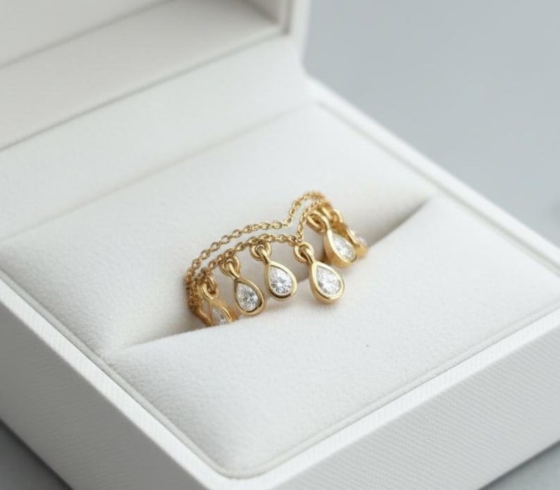 Pear Diamond Double Chain Band Ring, 14k Gold Chevron Teardrop Dangling Drop Ring- DEVIKA JWELERY
