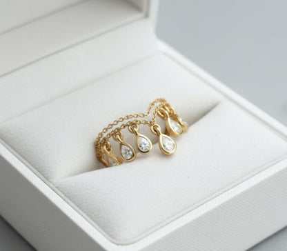 Pear Diamond Double Chain Band Ring, 14k Gold Chevron Teardrop Dangling Drop Ring- DEVIKA JWELERY