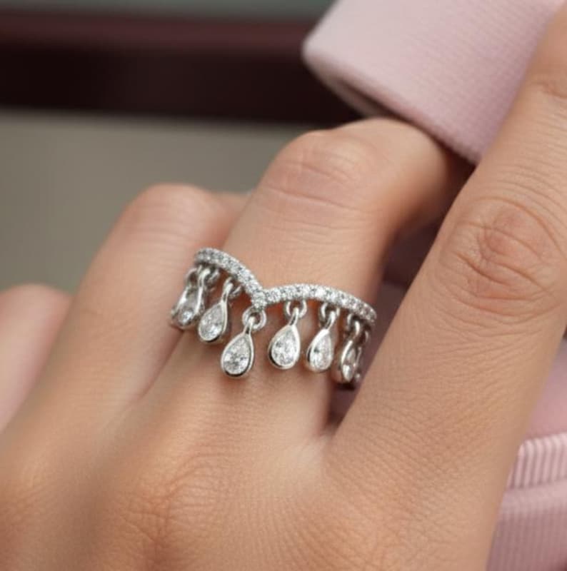 Pear Diamond Tassel Ring, 925 Sterling Silver Chevron Band -devika jewels