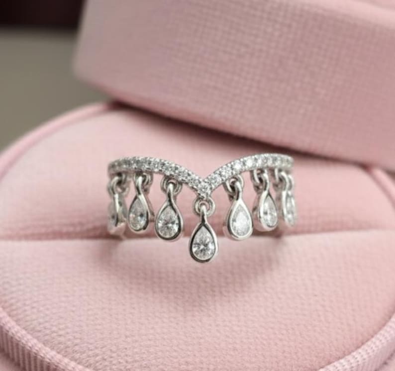 Pear Diamond Tassel Ring, 925 Sterling Silver Chevron Band -davika gem