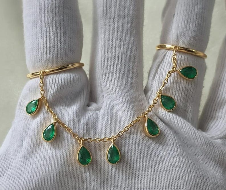 Pear Emerald Drop Tassel Double Finger Chain Ring, 925 Silver - gems ring
