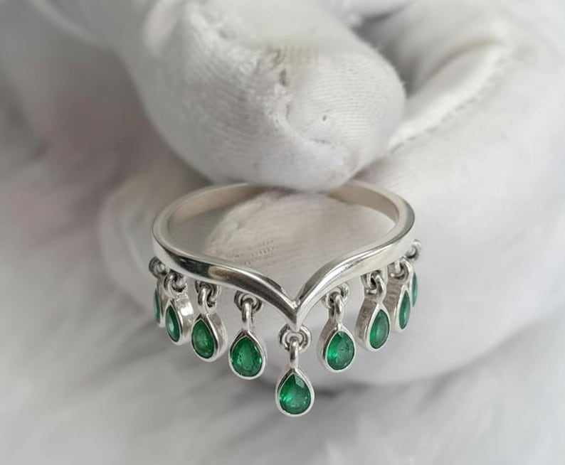 Pear Emerald Drop Tassel dangling Charm Ring, 925 sterling Silver - jewels devika