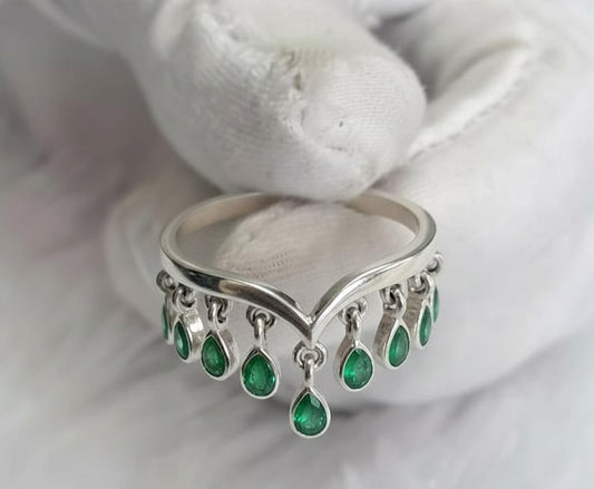 Pear Emerald Drop Tassel dangling Charm Ring, 925 sterling Silver - dvika gem