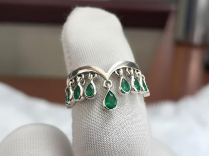 Pear Emerald Drop Tassel dangling Charm Ring, 925 sterling Silver 3