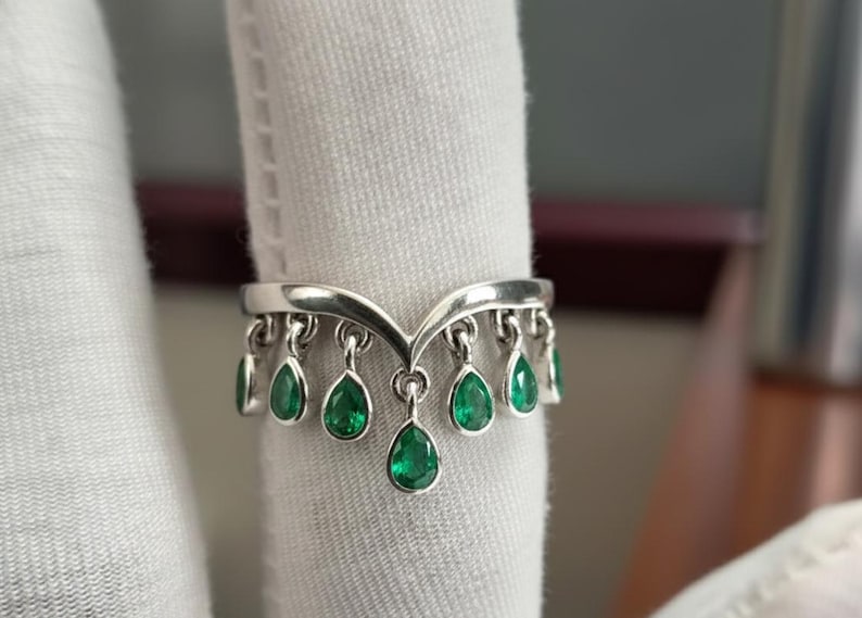 Pear Emerald Drop Tassel dangling Charm Ring, 925 sterling Silver 4