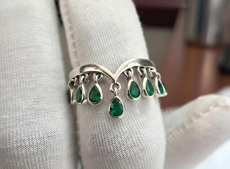 Pear Emerald Drop Tassel dangling Charm Ring, 925 sterling Silver 5