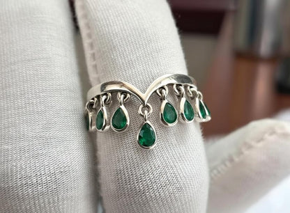 Pear Emerald Drop Tassel dangling Charm Ring, 925 sterling Silver 5