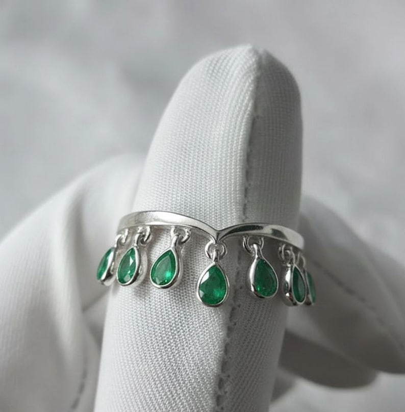 Pear Emerald Drop Tassel dangling Charm Ring, 925 sterling Silver -devika gems 