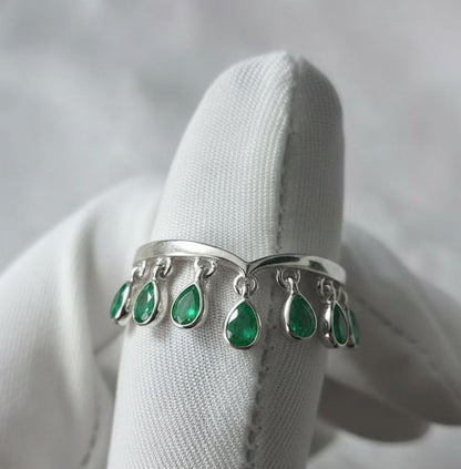 Pear Emerald Drop Tassel dangling Charm Ring, 925 sterling Silver -devika gems 
