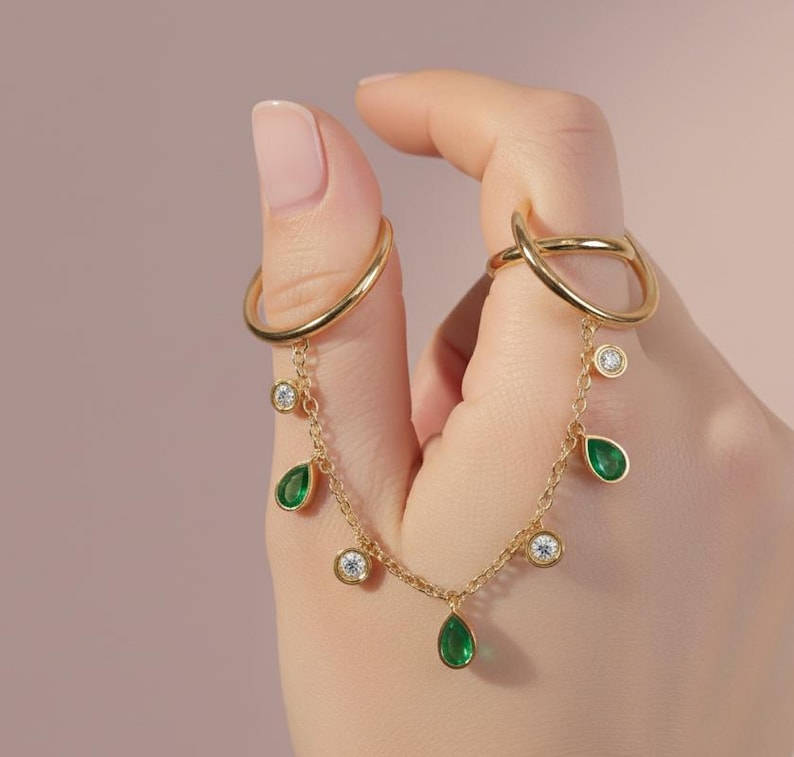 Pear Emerald and Round Diamond Drop Chain Ring 3