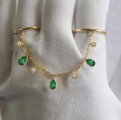 Pear Emerald and Round Diamond Drop Chain Ring 1