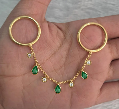Pear Emerald and Round Diamond Drop Chain Ring 2