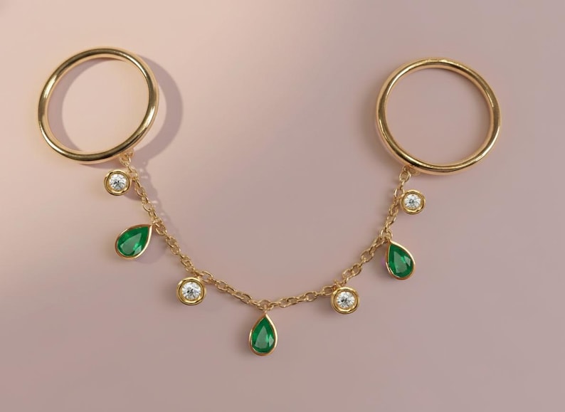 Pear Emerald and Round Diamond Drop Chain Ring 4