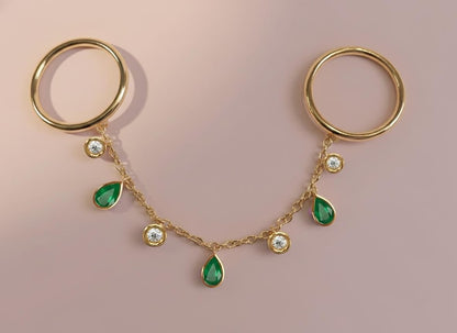 Pear Emerald and Round Diamond Drop Chain Ring 4