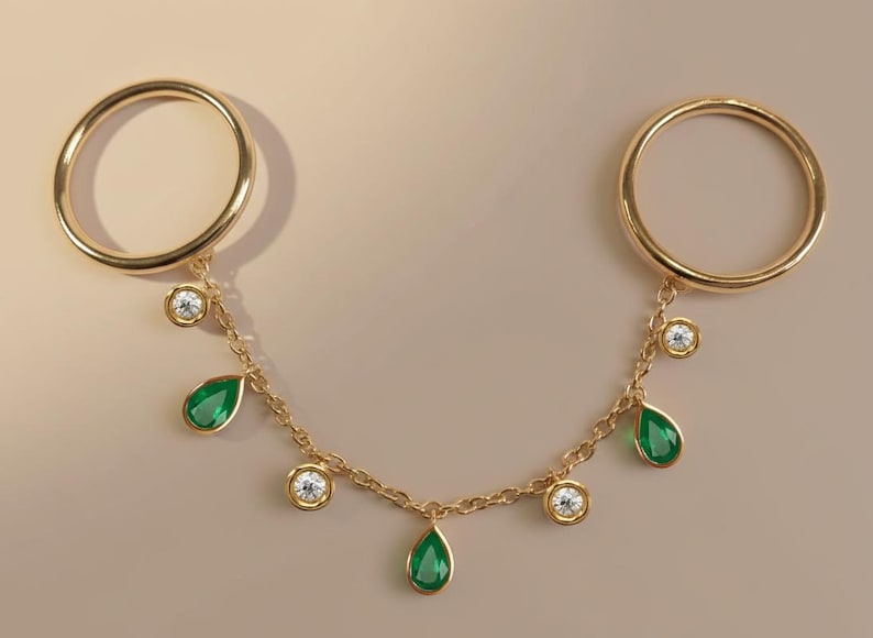 Pear Emerald and Round Diamond Drop Chain Ring 5