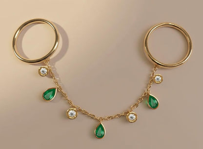 Pear Emerald and Round Diamond Drop Chain Ring 5