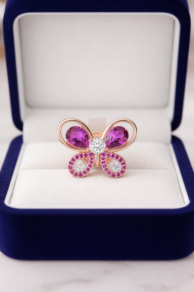 Pink Butterfly Stud Earrings Brass Gold Plated CZ Dainty Valentine Gift For Her