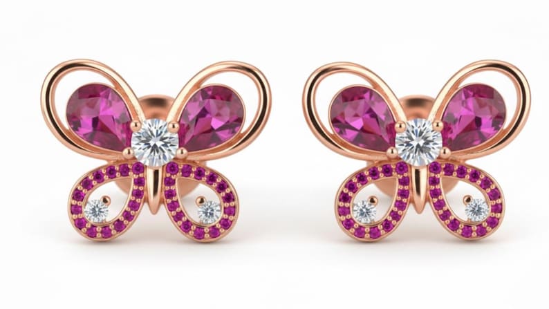 Pink Butterfly Stud Earrings Brass Gold Plated CZ Dainty Valentine Gift For Her 
