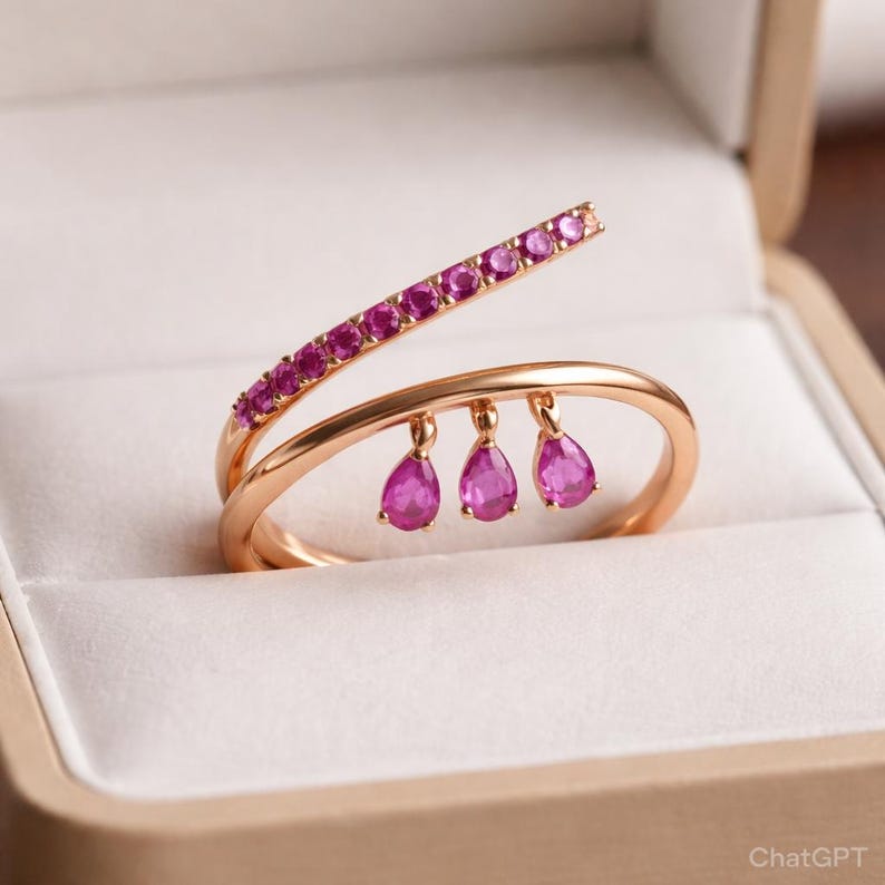 Pink Ruby CZ Spiral Drop Ring Gold Plated Adjustable Handmade