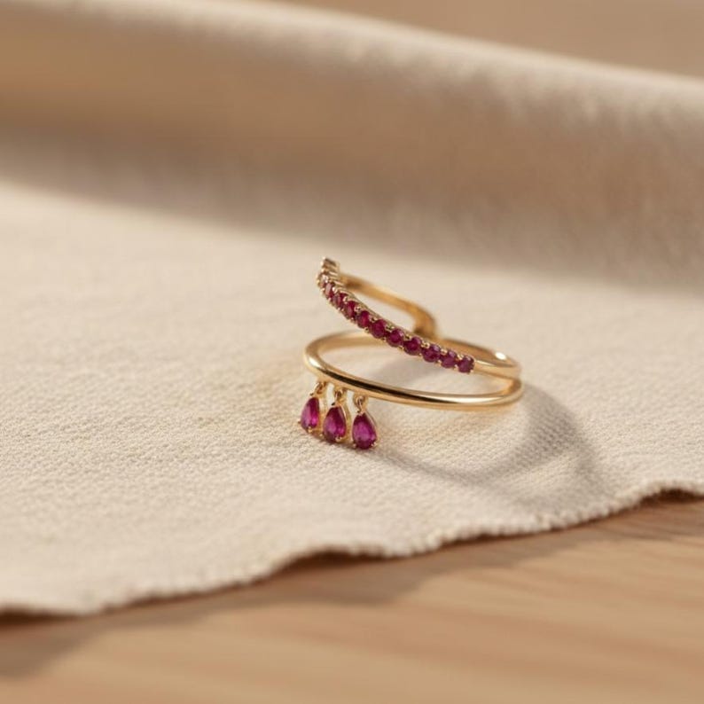 Pink Ruby CZ Spiral Drop Ring Gold Plated Adjustable Handmade