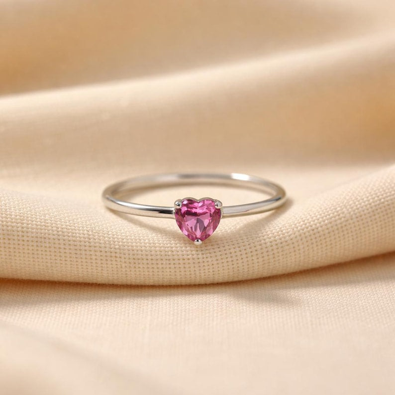 Pink Ruby Heart Ring | Sterling Silver, Ruby CZ Solitaire 1