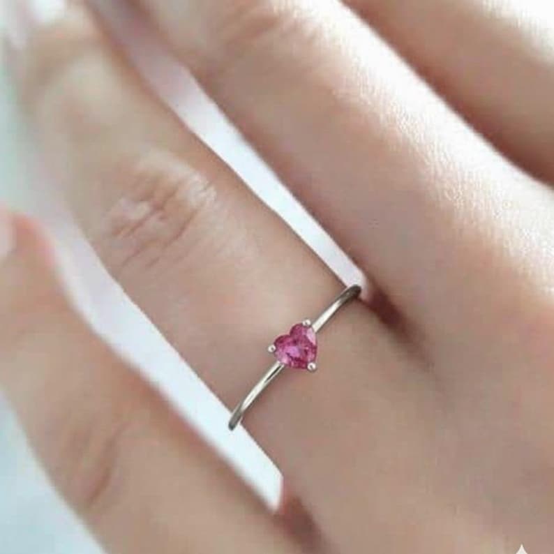 Pink Ruby Heart Ring | Sterling Silver, Ruby CZ Solitaire