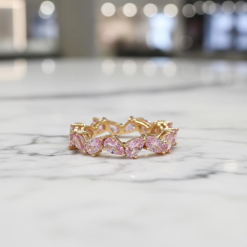 Pink Sapphire Cluster Ring 925 Sterling Silver Wedding & Engagement Stacking Band | 14k Yellow Gold Plated Pear Cut Ring for Women 1