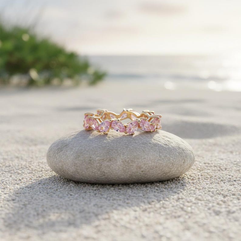Pink Sapphire Cluster Ring 925 Sterling Silver Wedding & Engagement Stacking Band | 14k Yellow Gold Plated Pear Cut Ring for Women 2