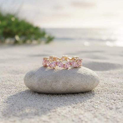 Pink Sapphire Cluster Ring 925 Sterling Silver Wedding & Engagement Stacking Band | 14k Yellow Gold Plated Pear Cut Ring for Women 2