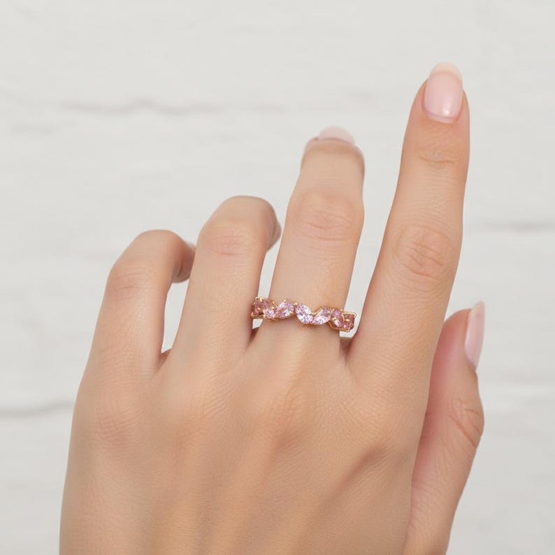 Pink Sapphire Cluster Ring 925 Sterling Silver Wedding & Engagement Stacking Band | 14k Yellow Gold Plated Pear Cut Ring for Women