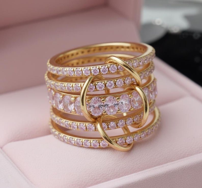 Pink Sapphire Five Interlocking Spinner Ring, 14k Gold Multi Linked Band 2