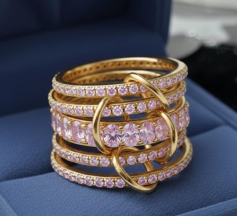 Pink Sapphire Five Interlocking Spinner Ring, 14k Gold Multi Linked Band 3
