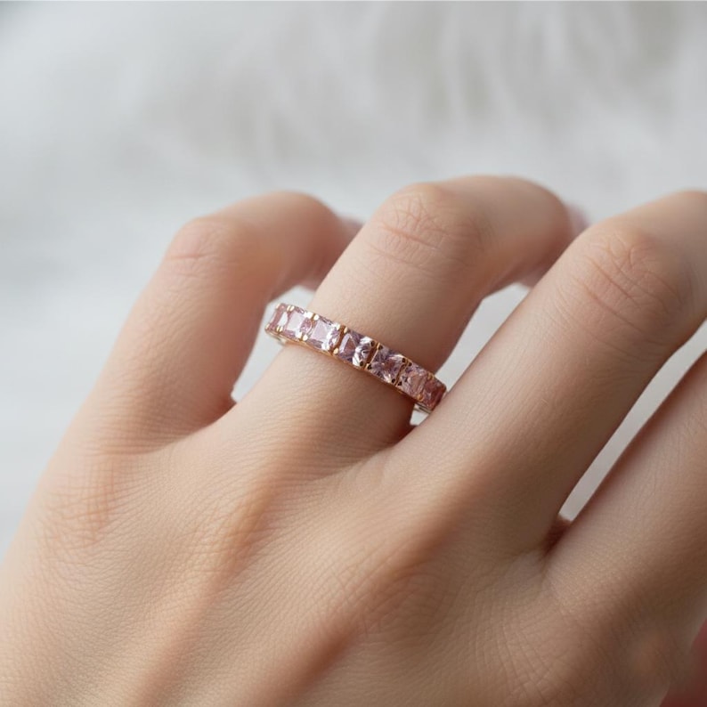 Princess Cut Pink Sapphire Full Eternity Band 925 Sterling Silver 2