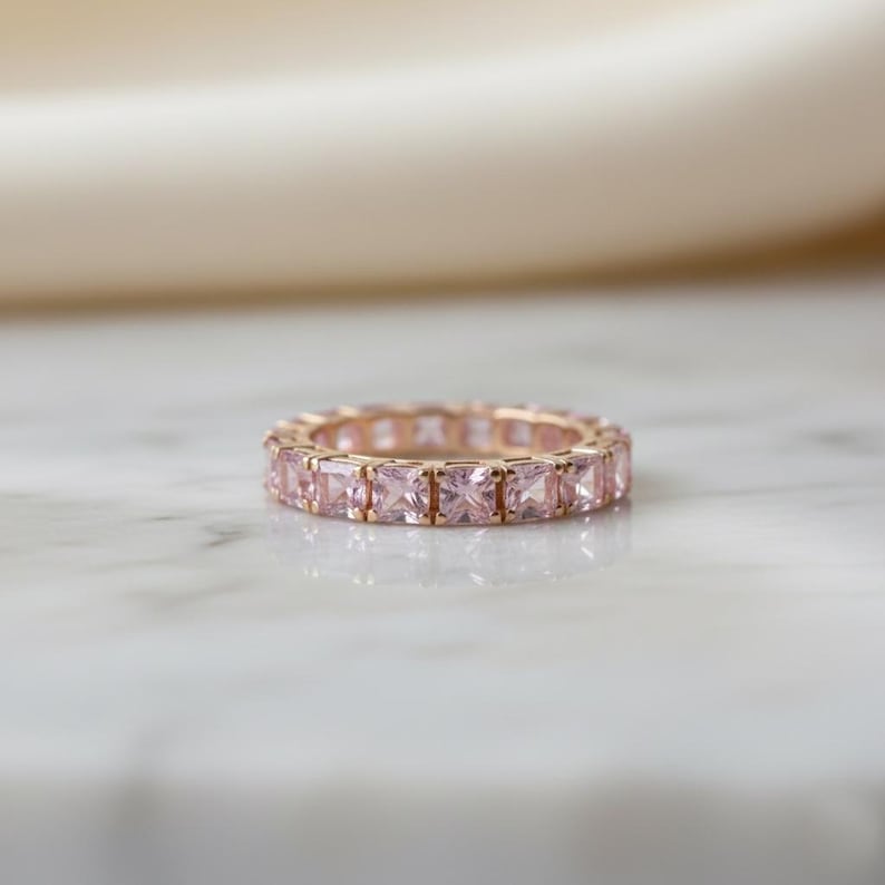Princess Cut Pink Sapphire Full Eternity Band 925 Sterling Silver 7