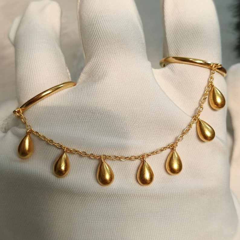 Double Finger Ring Pear Drop Charm | Two Finger Chain Band | Wedding Jewelry | Gift For Her | Unique Statement Ring