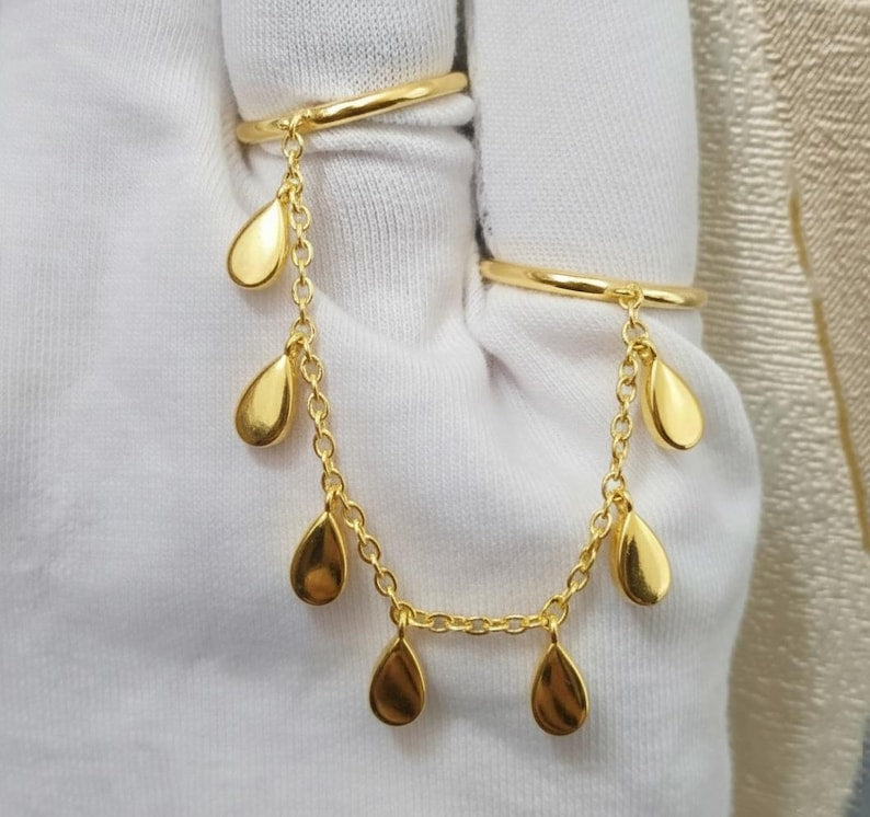 Double Finger Ring Pear Drop Charm | Two Finger Chain Band | Wedding Jewelry | Gift For Her | Unique Statement Ring