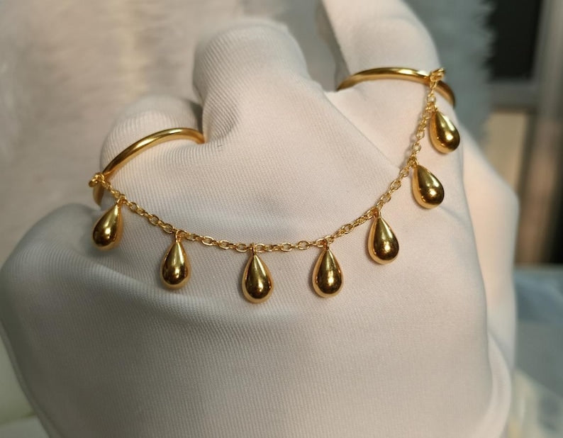 Double Finger Ring Pear Drop Charm | Two Finger Chain Band | Wedding Jewelry | Gift For Her | Unique Statement Ring