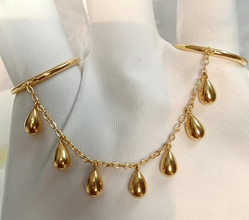 Double Finger Ring Pear Drop Charm | Two Finger Chain Band | Wedding Jewelry | Gift For Her | Unique Statement Ring