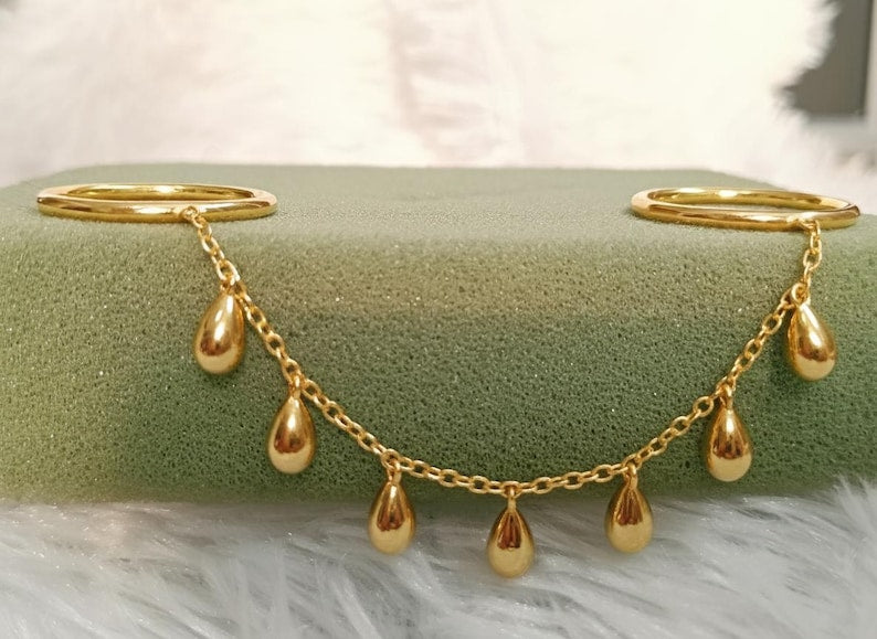 Double Finger Ring Pear Drop Charm | Two Finger Chain Band | Wedding Jewelry | Gift For Her | Unique Statement Ring