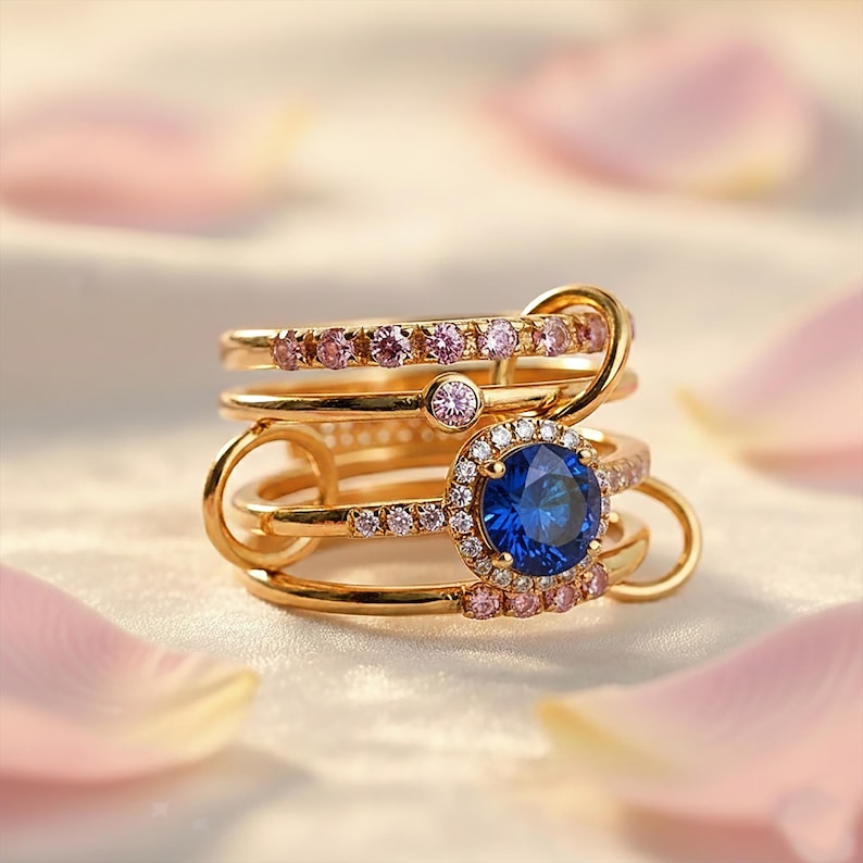 Round Blue Sapphire 925Silver Pink Sapphire Diamond Multi Band3