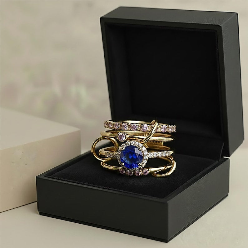 Round Blue Sapphire 925Silver Pink Sapphire Diamond Multi Band4