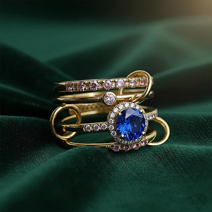 Round Blue Sapphire 925Silver Pink Sapphire Diamond Multi Band5