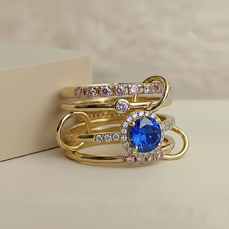 Round Blue Sapphire 925Silver Pink Sapphire Diamond Multi Band6