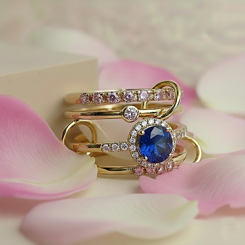 Round Blue Sapphire 925Silver Pink Sapphire Diamond Multi Band7