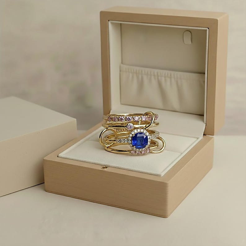 Round Blue Sapphire 925Silver Pink Sapphire Diamond Multi Band8