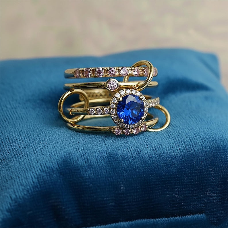 Round Blue Sapphire 925Silver Pink Sapphire Diamond Multi Band 1