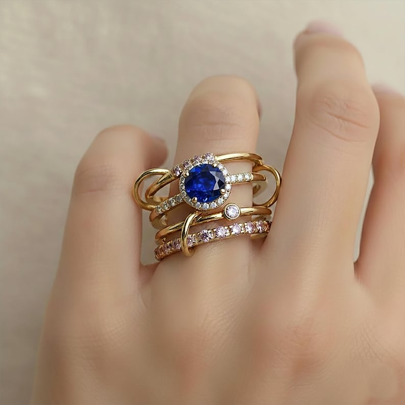 Round Blue Sapphire 925Silver Pink Sapphire Diamond Multi Band 10