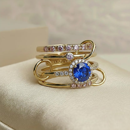 Round Blue Sapphire 925Silver Pink Sapphire Diamond Multi Band 2